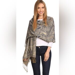 NEW Elegant Paisley Shawl Wrap Scarf Black Silver Gold 22 wide x 80 inches long
